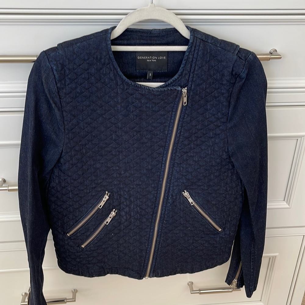 GENERATION LOVE dark denim jacket with zippers on front and sleeve zipper
